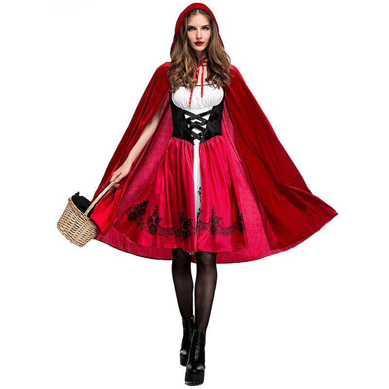 Adult Little Red Riding Hood Long Cape Party Dress Womens Halloween Costume
