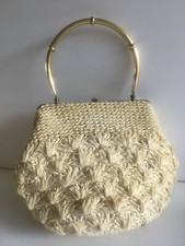 Vintage Ivory Crocheted Lace Raffia Handbag in Good Condition - 1950's