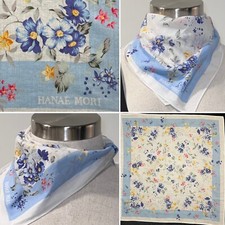 HANAE MORI Pale Blue/White/Navy Floral 100 Cotton Scarf/Bandana/Pocket 46x46cm