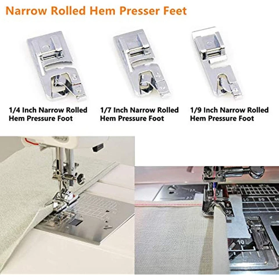 Pie dobladillo enrollado 3 piezas, 3 piezas pies dobladillo laminado estrecho y prensatelas guía ajustable Foto 4 de 4