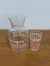 Juice Carafe & Juice Glass Vintage 1950 Federal Glass Pink Basket-Weave & White