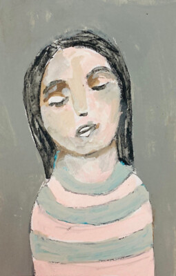Woman Portrait Painting Pink & Gray Naive Wall Art Small Affordable Paper Art