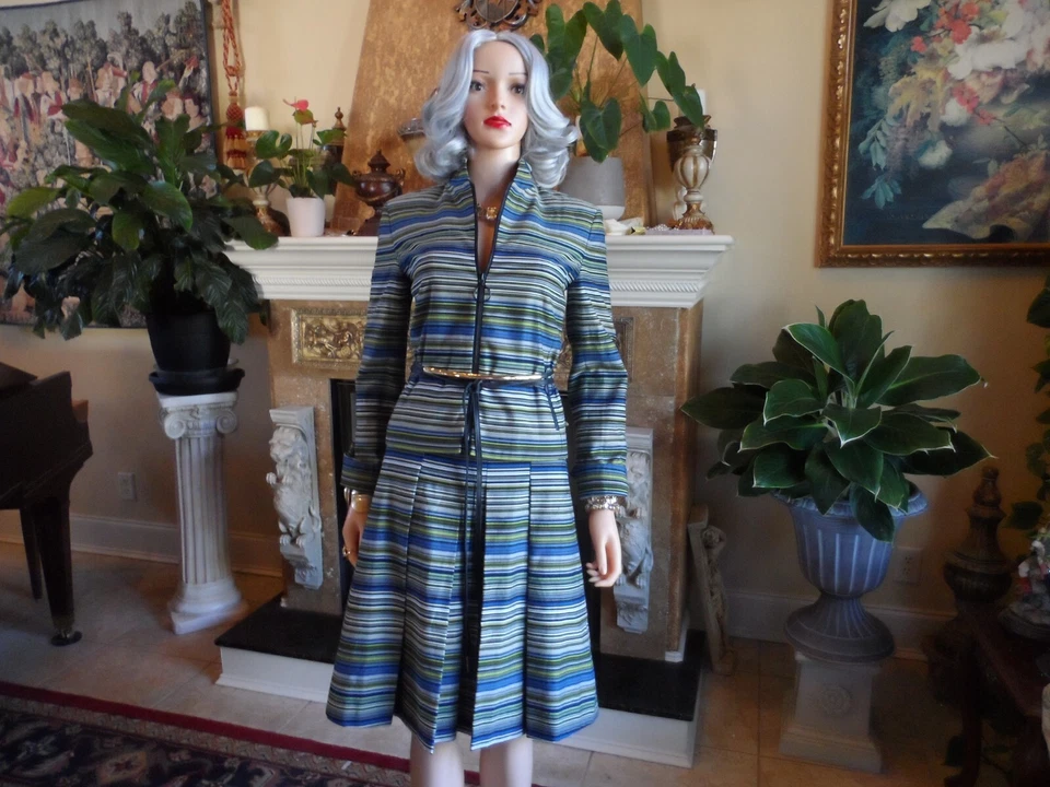 Akris Punto для Bergdorf Goodman зеленый многоцветный в полоску юбка костюм размер США 4 - Изображение 4 из 4