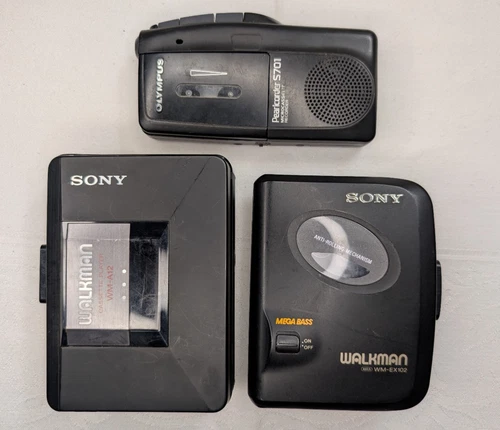 PARTS Lot - Sony Walkman WM-EX102 & WM-A12 Cassette Players, Olympus Pearlcorder
