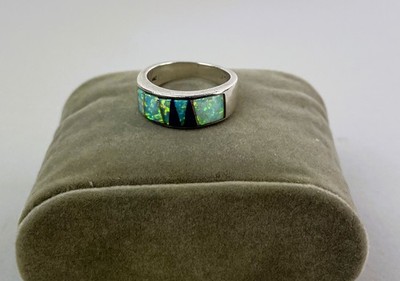 Vintage Earl Plummer Navajo Sterlingsilver Dine OPAL LAPIS Inlay UNISEX Ring 7.5