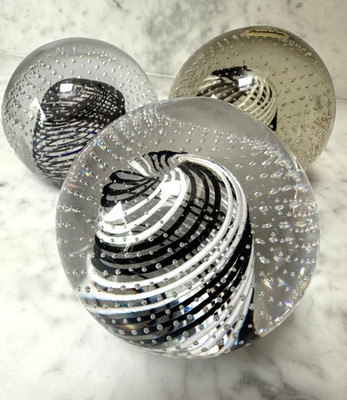 Lot of 3 - 1990s Hand Blown Pasabahce Glass Paper Weights, Black Swirl Design