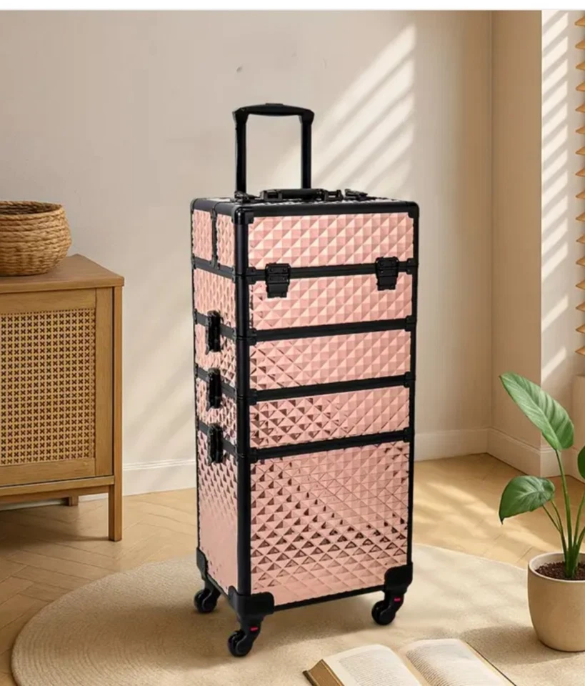 Linda caixa de carrinho de maquiagem profissional ouro rosa 4 em 1 com rodas grandes - Imagem 2 de 2