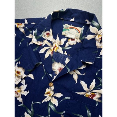 VTG 80s Paradise Found Aloha Shirt Men M Navy Blue Orchid Floral Hawaiian Mint C