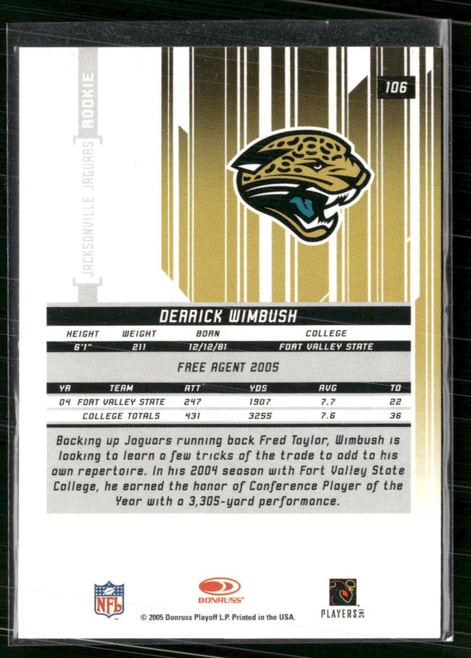 2005 Leaf Rookies & Stars Longevity #106 Derrick Wimbush Sapphire #/199 - Image 2 of 2