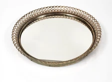 Vintage Vanity Tray Round Gold Tone Metal Dresser Mirror Perfume Tray 11 in wide