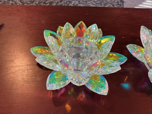 NWT Iridescent Crystal Lotus Candle Holders - Pair - Votive Tea Light Decor - Picture 2 of 10