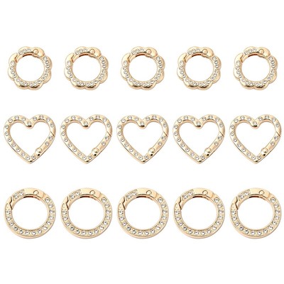 15x Heart Flower Ring Spring Gate Rings w/ Rhinestone Gold for Keychain Pendants