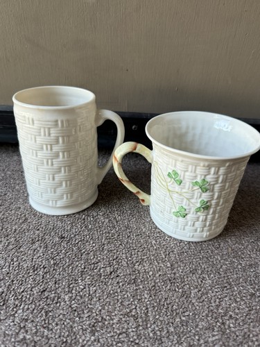 Belleek Shamrock Ireland Weaved Lot Of 2 Tea Coffee Cups Grandma Clover - Picture 4 of 9