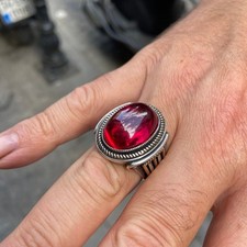 Men Handmade Silver Oval Red Ruby Stone Ring