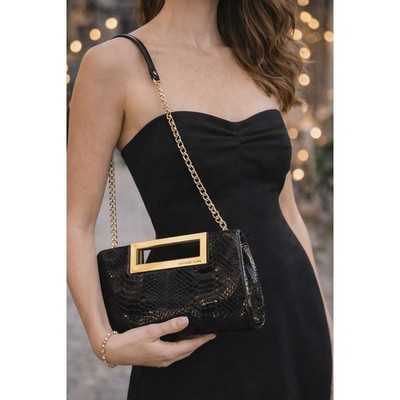 Michael Kors Berkley Black Python Embossed Patent Leather Chain Clutch Bag