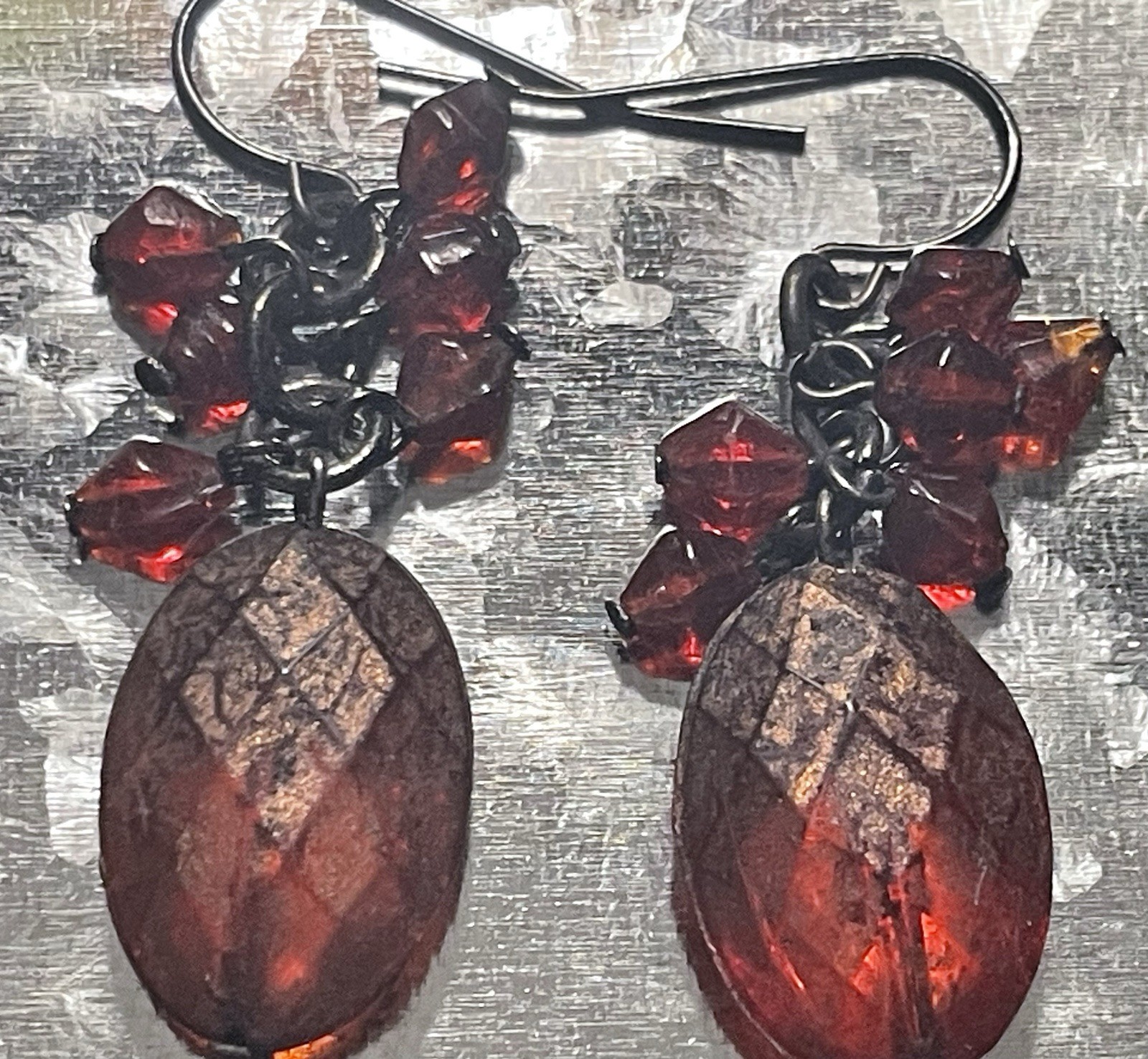 Red Gemstone Dangle Drop Tiny Beaded Cluster Earr… - image 2