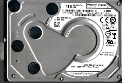 WD40NDZW-11BHVS1 S/N: WX82D WESTERN DIGITAL 4TB THAILAND APR 2022