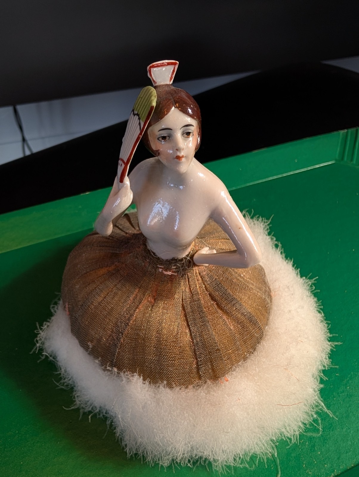 Antique German Art Deco Flapper lady half doll w/ Fan, makeup powder puff Nice!!