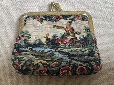 Vtg Tapestry Small Coin Change Purse Floral Windmill Pattern 3 1/4  Kiss Lock