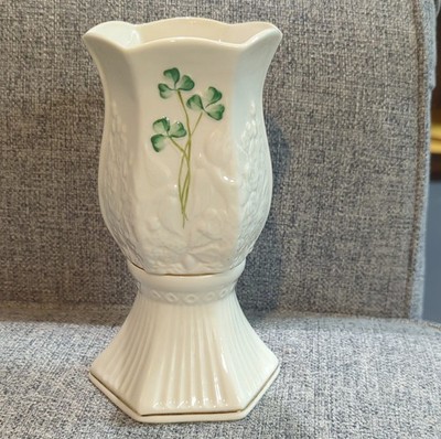 Belleek Porcelain Hexagon Floral Candle Holder White Green Shamrock Design