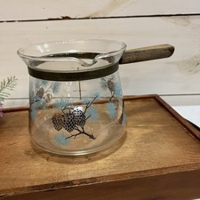Vintage 1 Qt. Douglas Flameproof Glass Pot  Branches & Pinecone Design w/Handle.