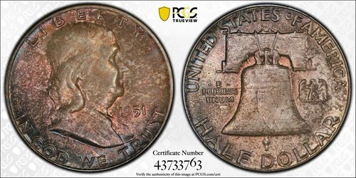 1951 Franklin Half Dollar MS65 Toner PCGS Beautiful Color!