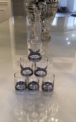 Beluga Vodka Shot Glass with Pewter Fish and Rim Lot Of 6 Shot Glasses
