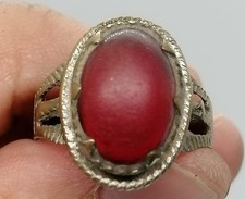 Vintage Red Stone Cabochon Ring Ornate Setting Statement Collectible Roman