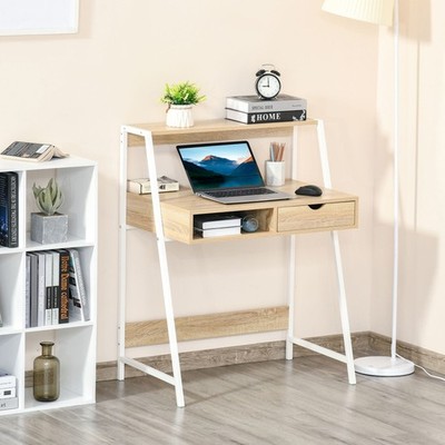 Computer Writing Desk for Small Space w/ Drawer, Storage Shelves, Natural