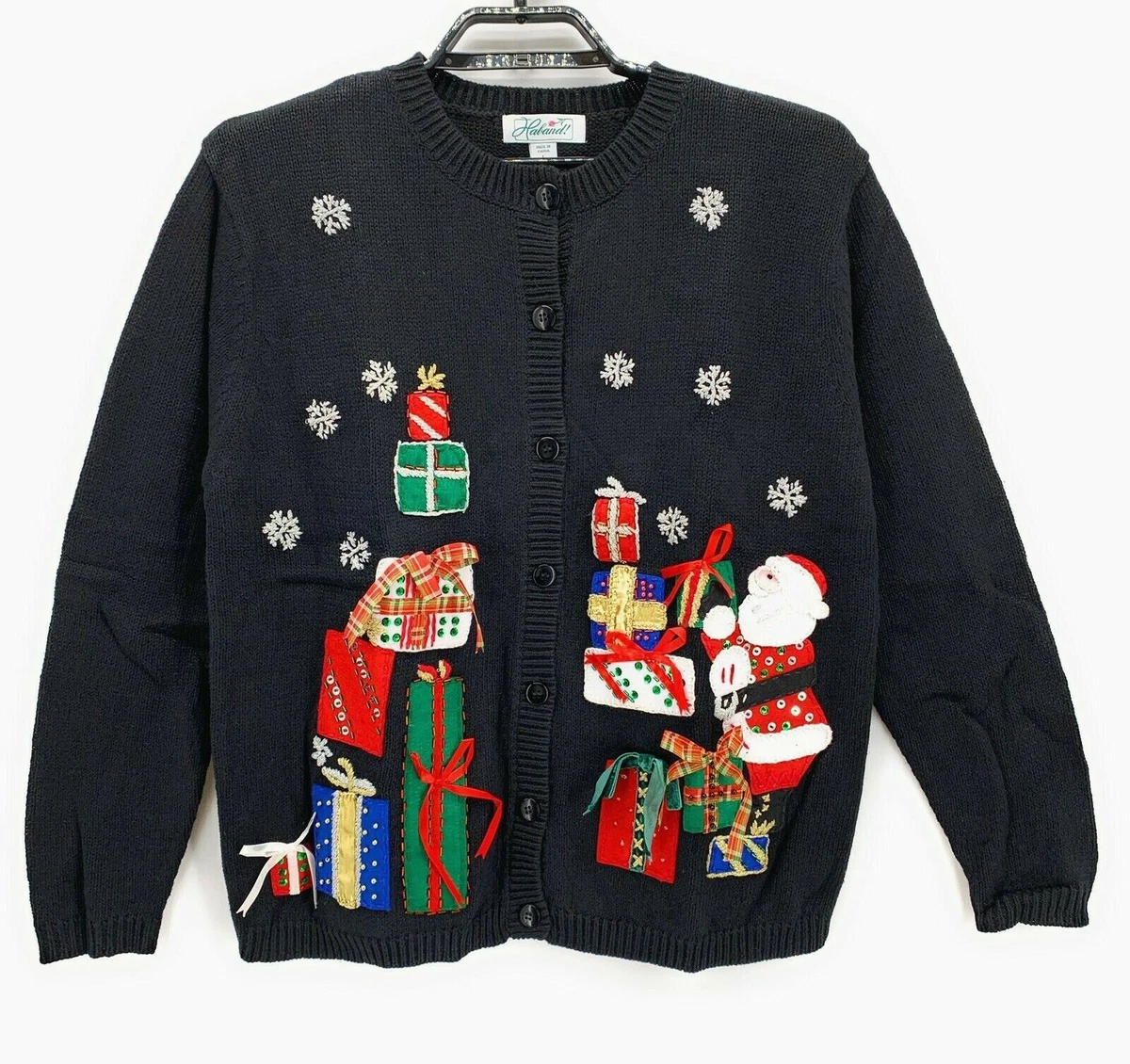 Haband Womens Christmas Cardigan Sweater Black Large Santa Claus