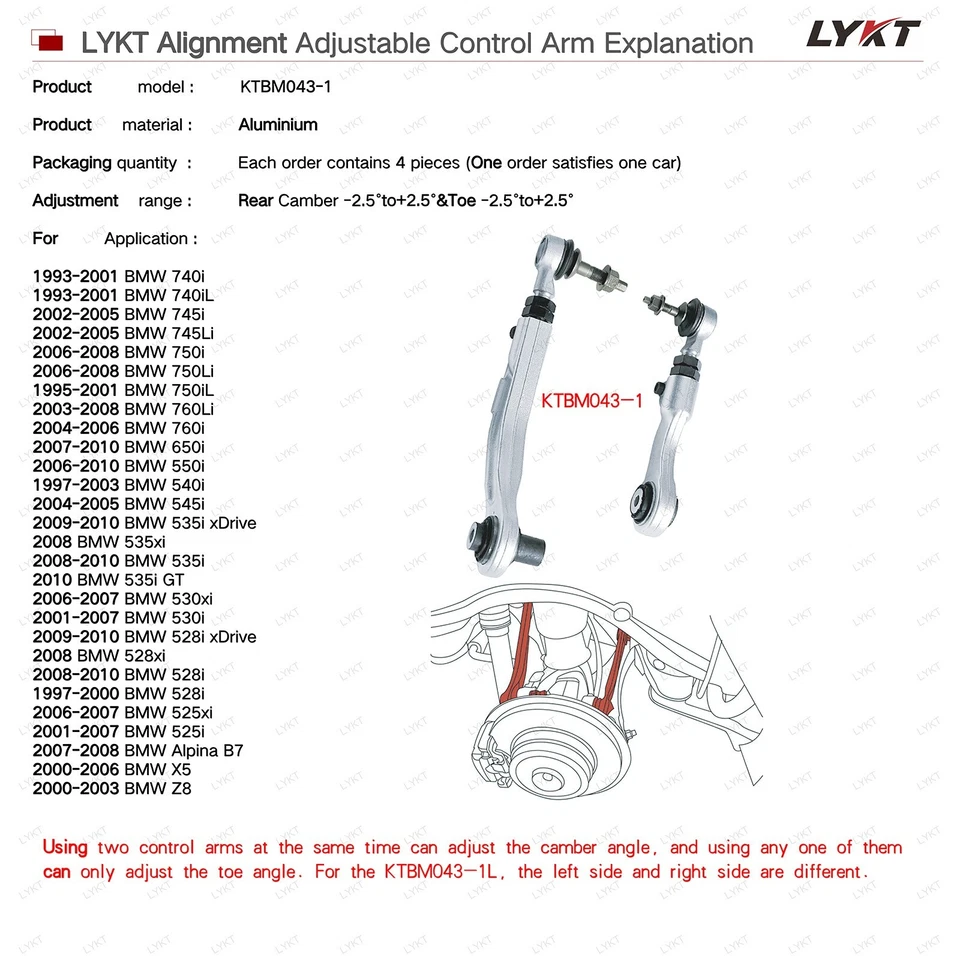 LYKT 4pcs Rear Camber&Toe Adjustable Alignment Control Arm for BMW525-760、X5、Z、M - Image 2 of 4