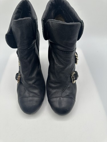 Chanel Black Leather Gold Tone Buckle Wedge Ankle Boots Women Sz 6-6.5
