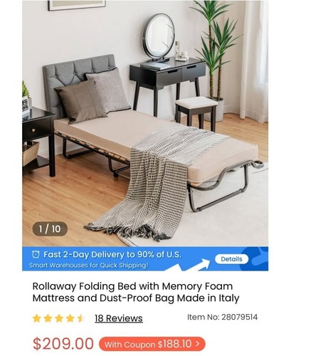 Costway Portable Folding Bed W/ Memory Foam Mattress Rollaway Guest Home Camping - Picture 7 of 7