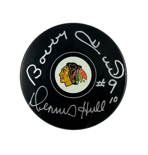 Bobby Hull Dennis Hull Chicago Blackhawks Signed Autographed Hockey Puck COA