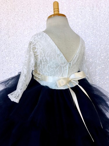 Ivory Lace 3/4 Sleeve Multicolor High Low Tulle Ruffle Flower Girl Dress Wedding - Picture 42 of 50