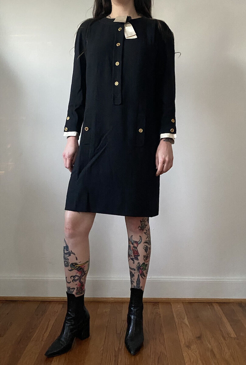 CHANEL 1980's Rare Vintage Black Dress w/ Satin Trim Chanel CHANEL 1980's Rare Vintage Black Dress w/ Satin Trim Chanel