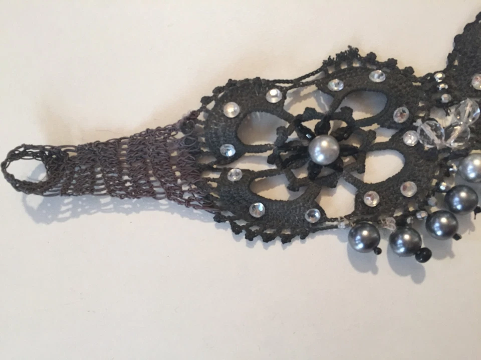 choker jewelry woman necklace gray collier macramè embroidered collar grey pearl - Image 3 of 4