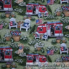 BonEful Fabric FQ Cotton Quilt Red White Blue Patriotic Camper VTG American Flag