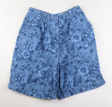 VINTAGE BLUE PRINT LINEN BLEN HIGH WAIST PLEATED SHORTS - ACCORDEON - SIZE 7/8
