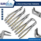 5 Pcs Dental Extracting Forceps F1, 2,3,4,7 Diamond Dusted Gold Handle German Gr