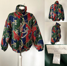 Vtg 90s Petite Sophisticate Equestrian Print Silk Zip Up High Neck Jacket L