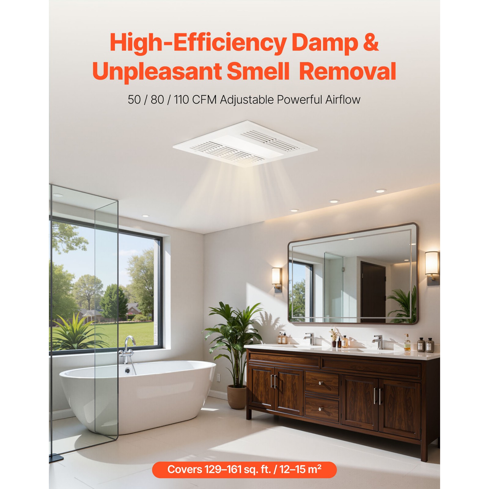 Uimoso Bathroom Exhaust Fan with Light and Heater, 80-110 CFM, 1500W DC Motor