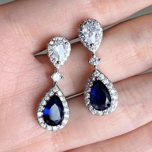 5 Ct Blue and White Pear Lab Created Diamond 925 Sterling Silver Dangle Earrings - Picture 3 of 5