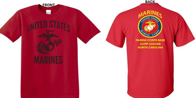 MARINE CORPS BASE CAMP LEJEUNE* NC *2-SIDED SHIRT. USMC OFFICIALLY LICENSED