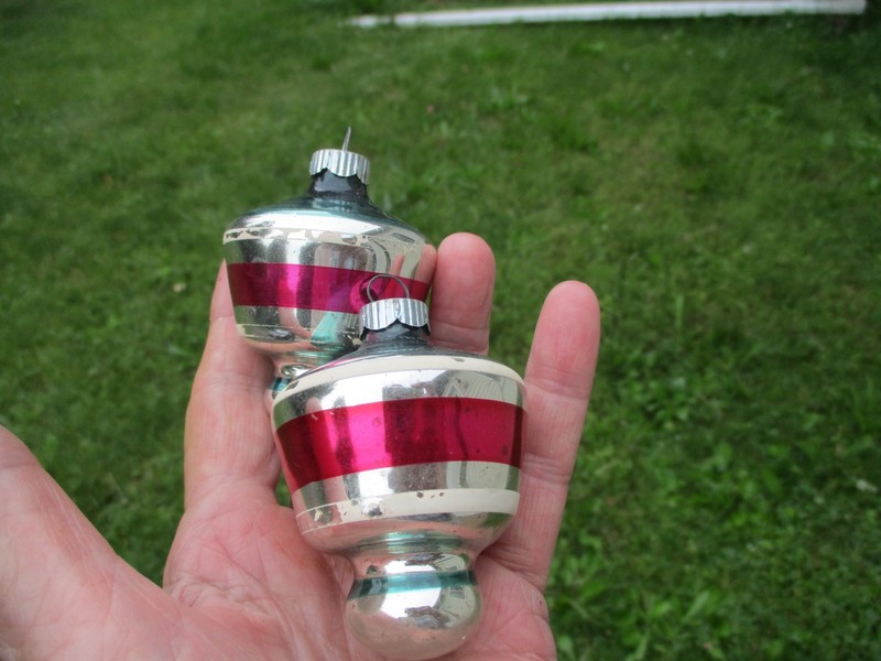 2 Vintage Patriotic Atomic UFO Shiny Brite Mercury Glass Christmas Ornaments