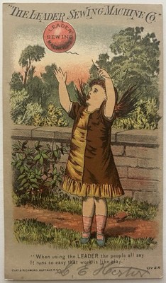 Antique The Leader Sewing Machine Co. Trade Card Little Girl Playing Balloon