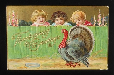 1908 Thanksgiving Greetings Three Cute Kids Admiring Turkey Postcard