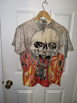 Vintage All Over Print Ghost Rider Flaming Skull Biker T Shirt M Harley