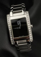 ESQ Movado Diamond Bezel Tank Stainless Steel Black Dial Swiss Ladies Watch