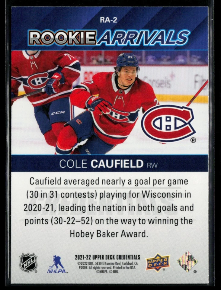 2021-22 Upper Deck Credentials Rookie Arrivals #RA-2 Cole Caufield - Image 2 of 2